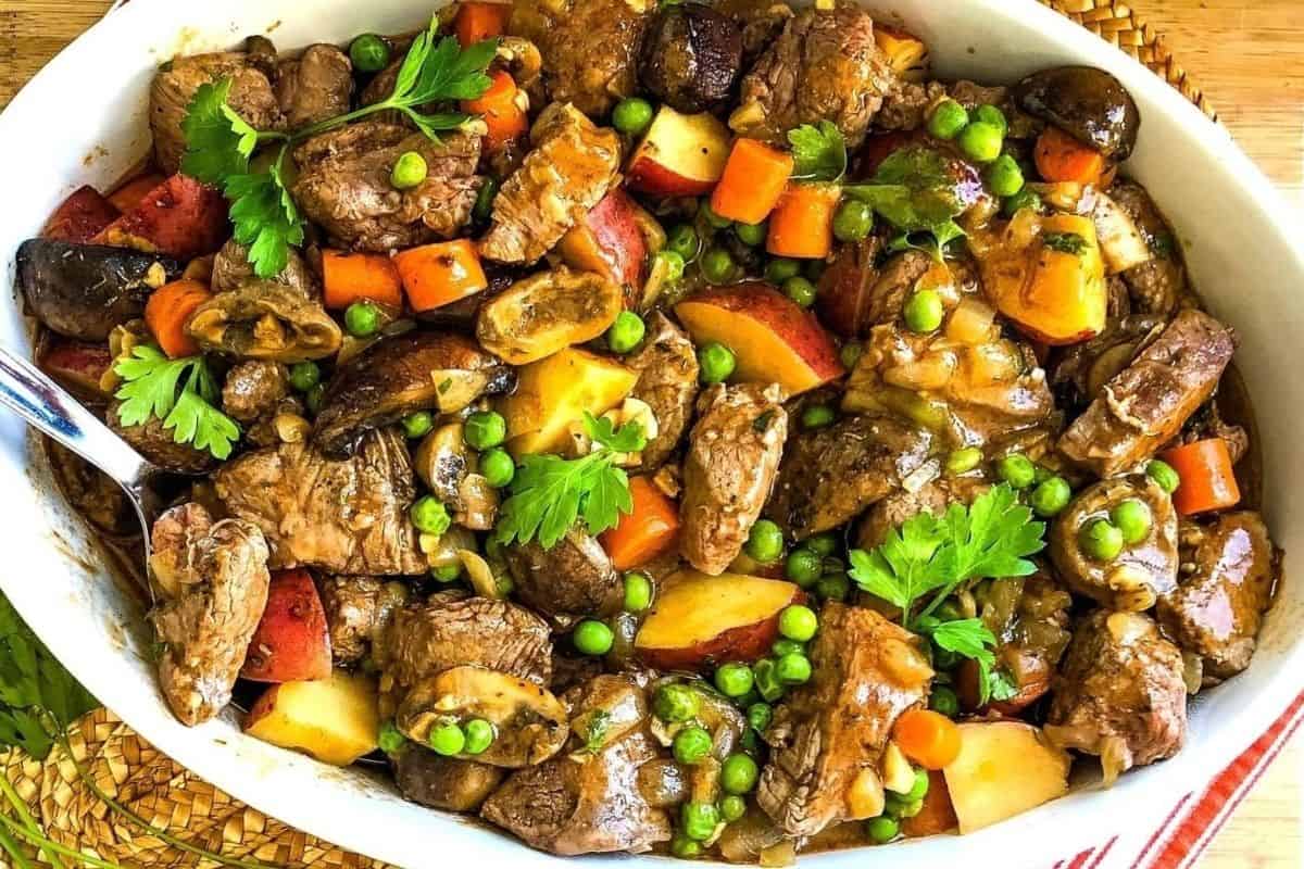 Beef Tenderloin Stew with Potatoes and Mushrooms.