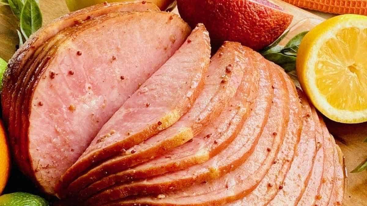 A sliced ham on a plate.