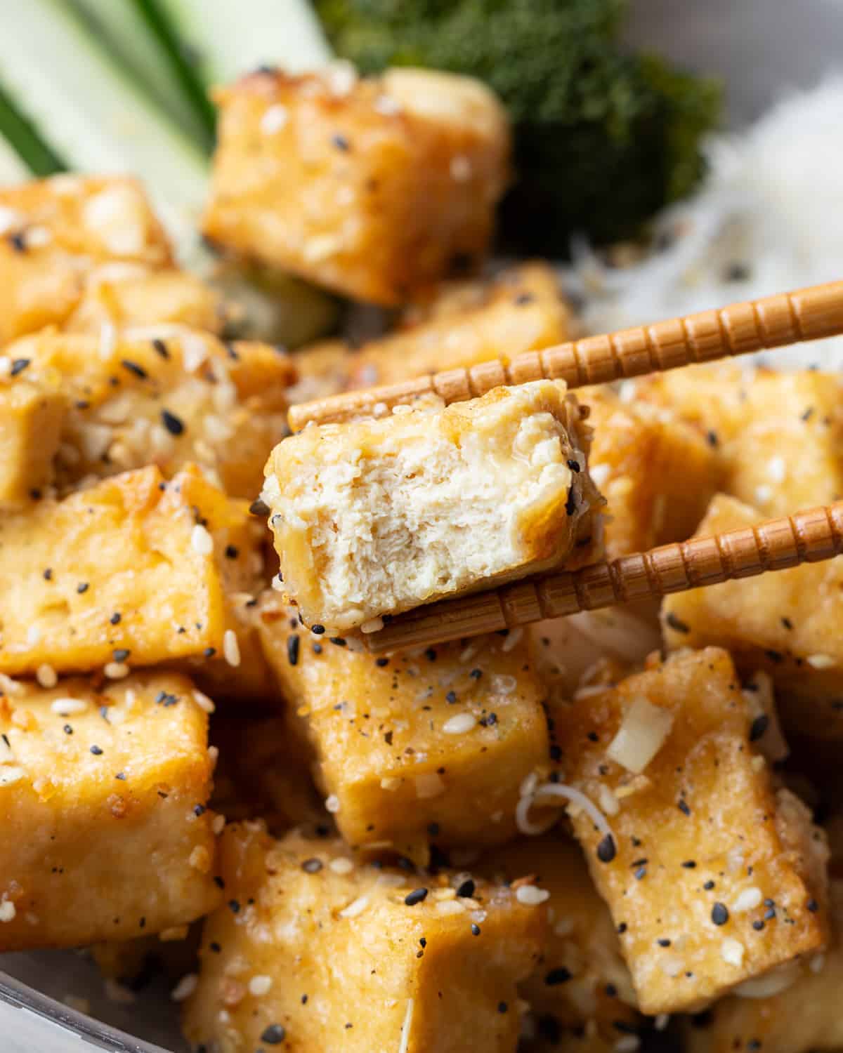 Close up image of a crispy tofu for a Easy Chinese General Tso recipe. 

