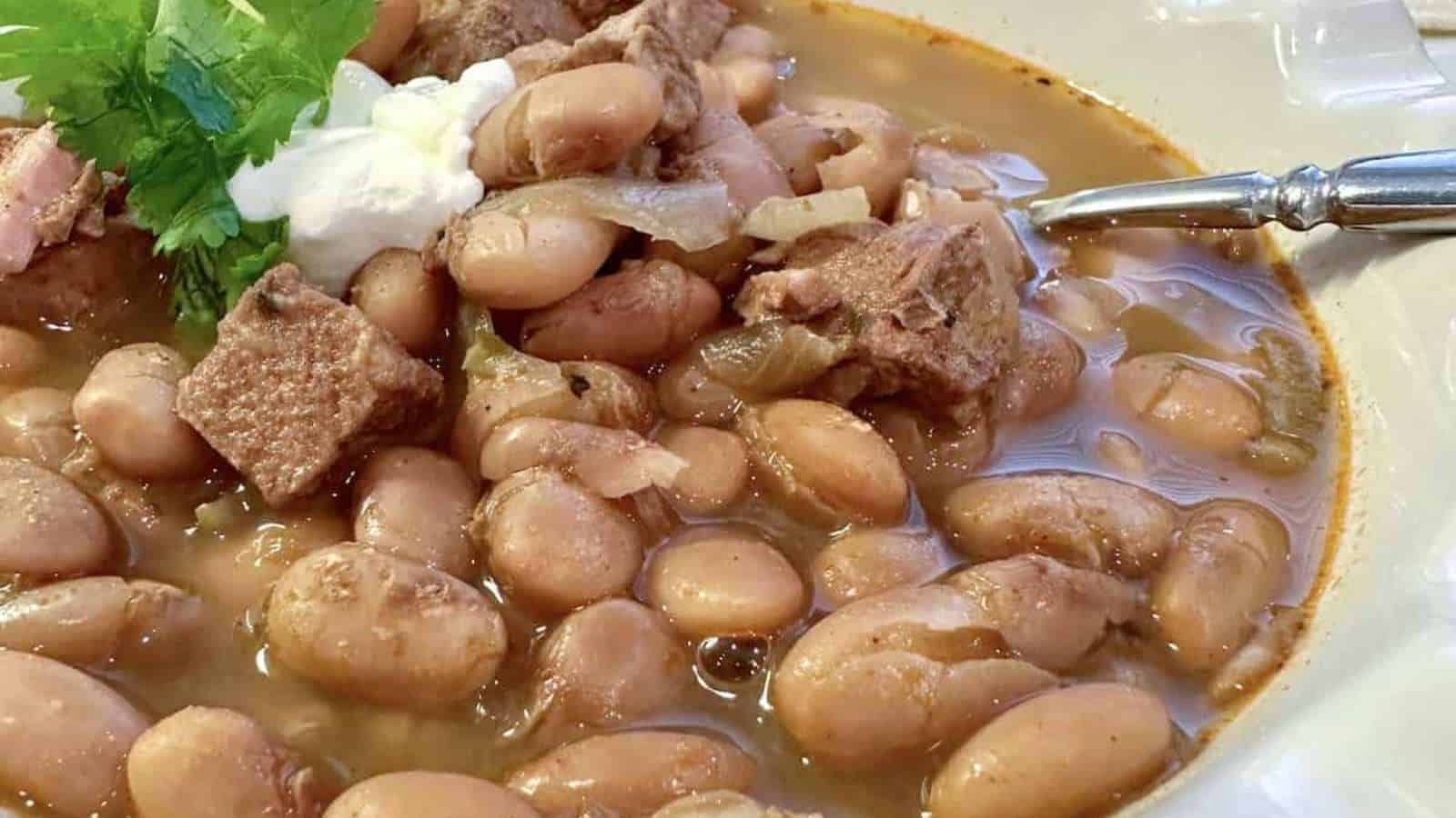 A bowl of white beans and meat in a white bowl.