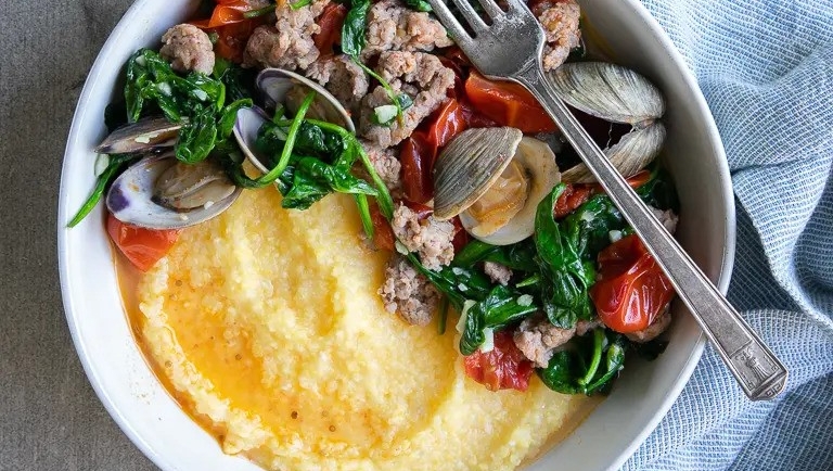 Drunken Clams with Italian Sausage and Polenta