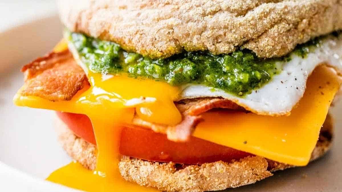 A bacon, egg and pesto sandwich on a white plate.