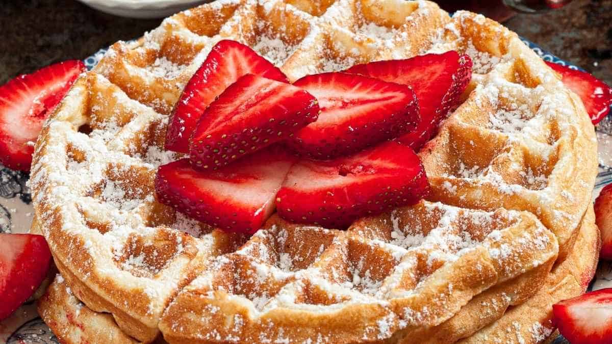 Waffles topped with strawberries and powdered sugar.