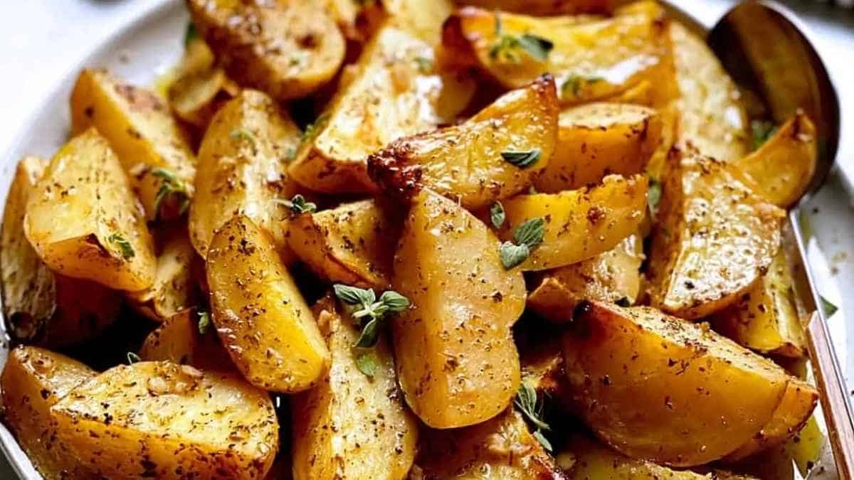 Roasted potatoes on a plate with a spoon.