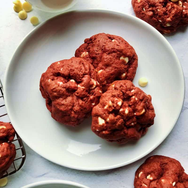 Unique red velvet cookies with white chocolate chips.