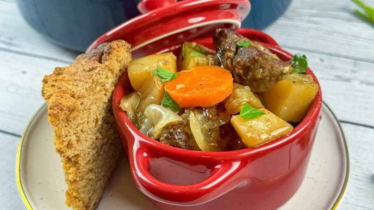 Irish stew in a red pot on a white plate.