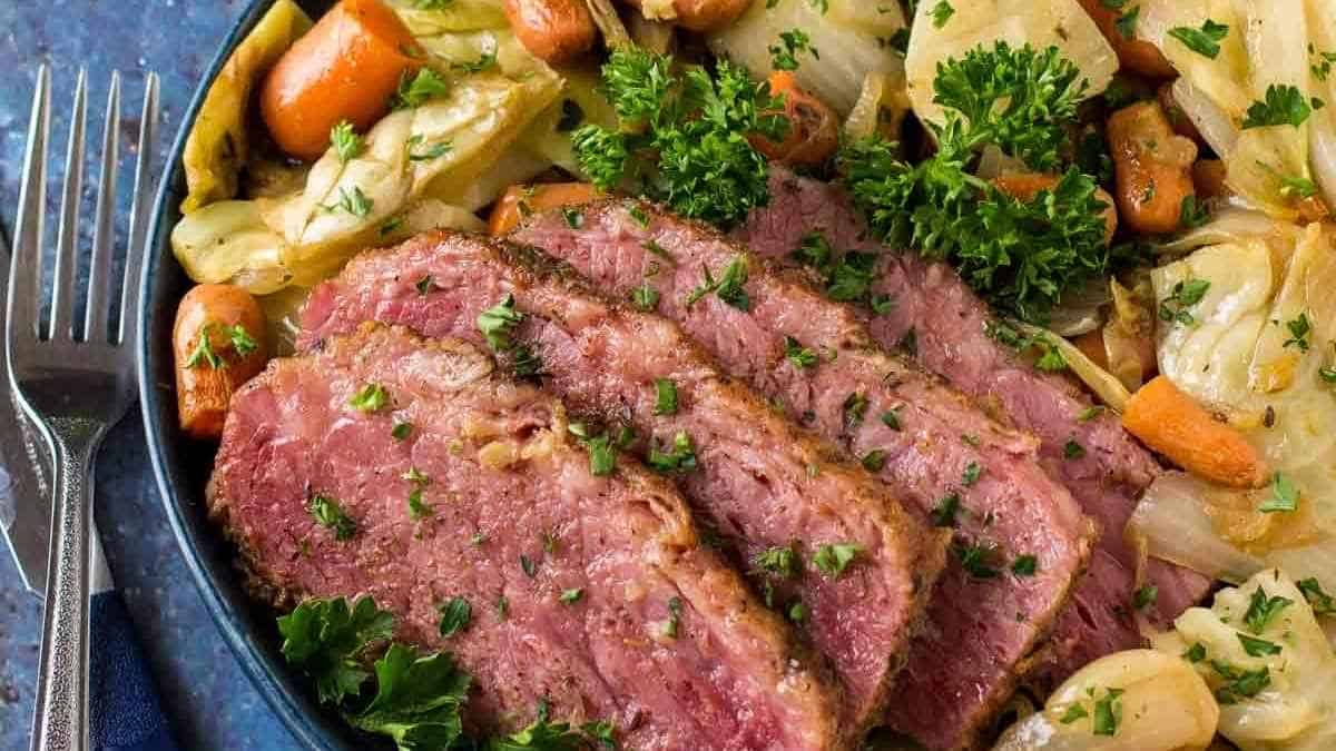 A plate of corned beef and cabbage with a fork.