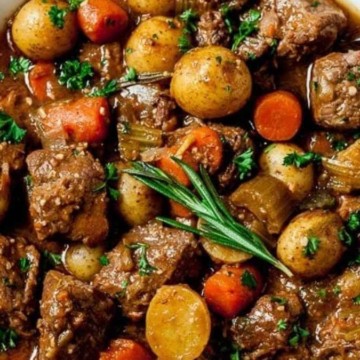 A bowl of beef stew with potatoes and carrots.