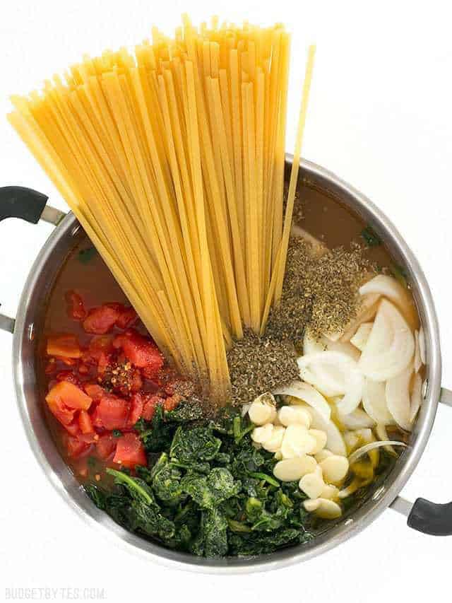 Top view of all the ingredients for the Italian Wonderpot in the pot.
