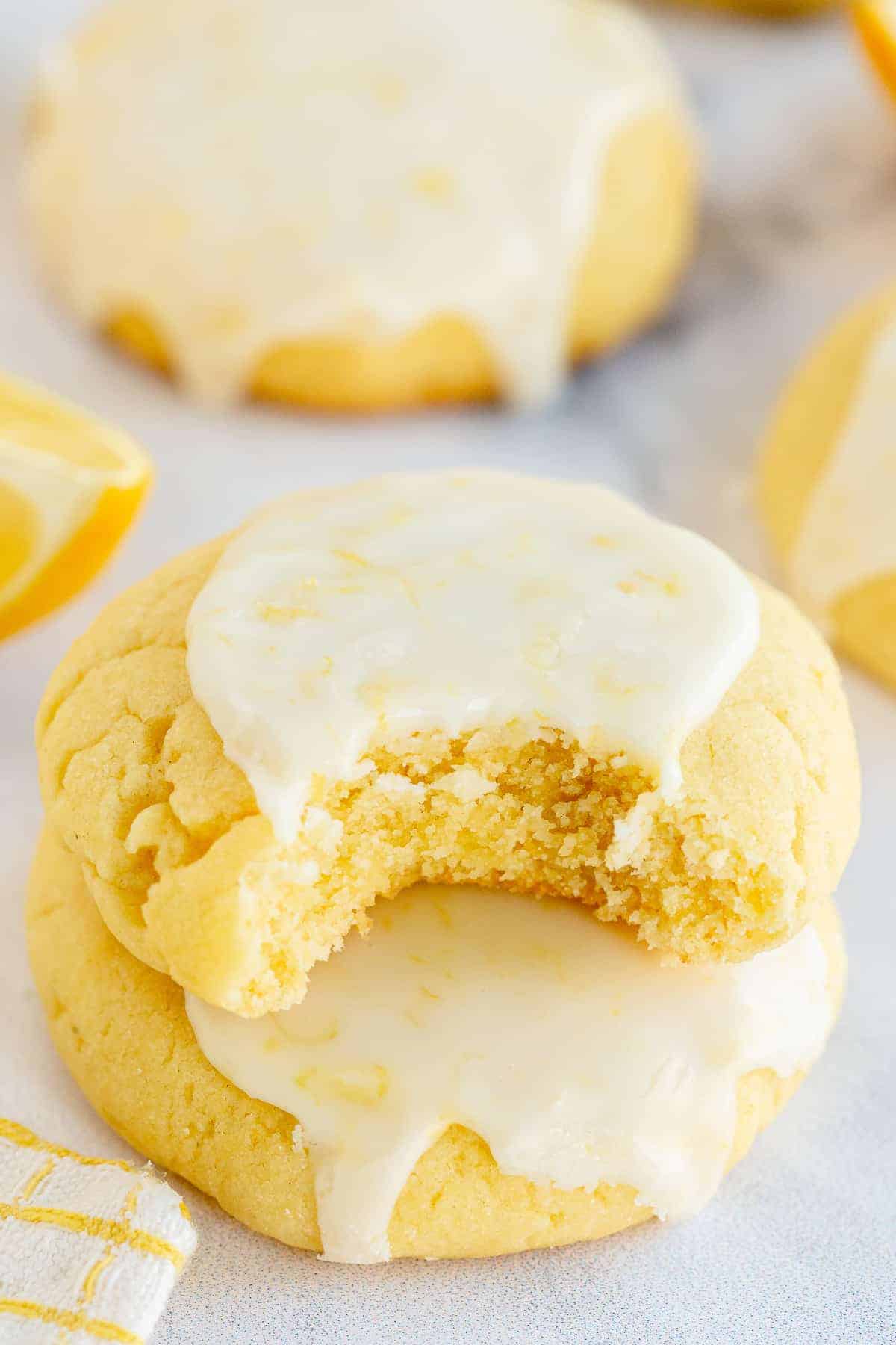 A unique lemon cookie recipe with a bite taken out of it.