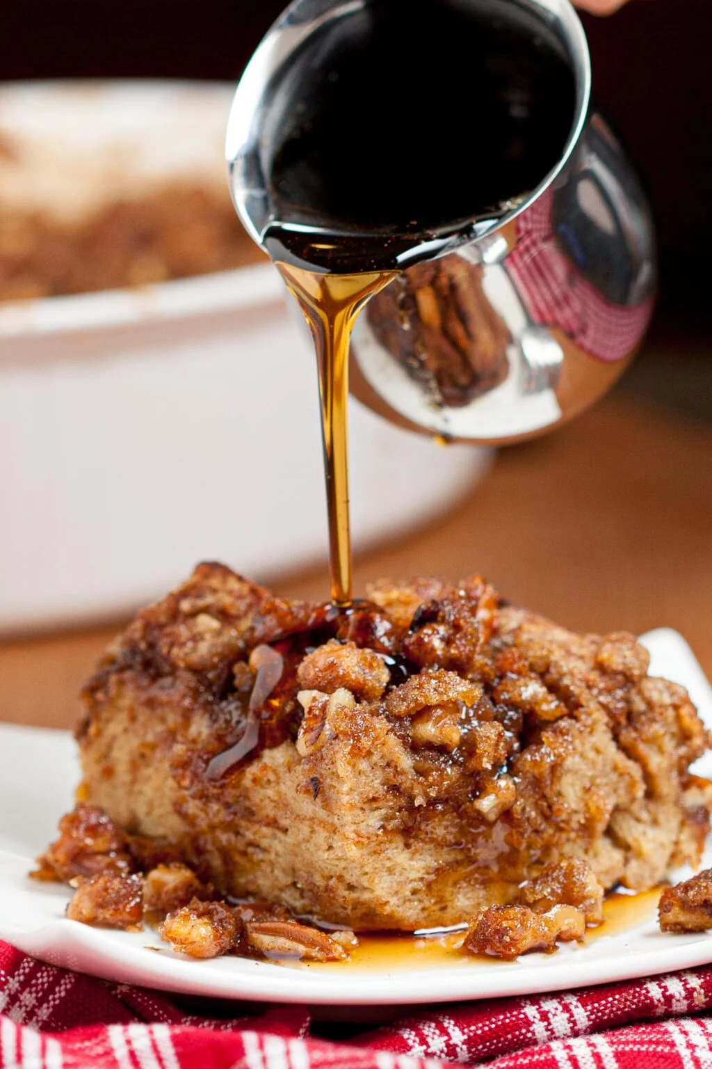 French Toast Casserole with Syrup Drizzled Over.
