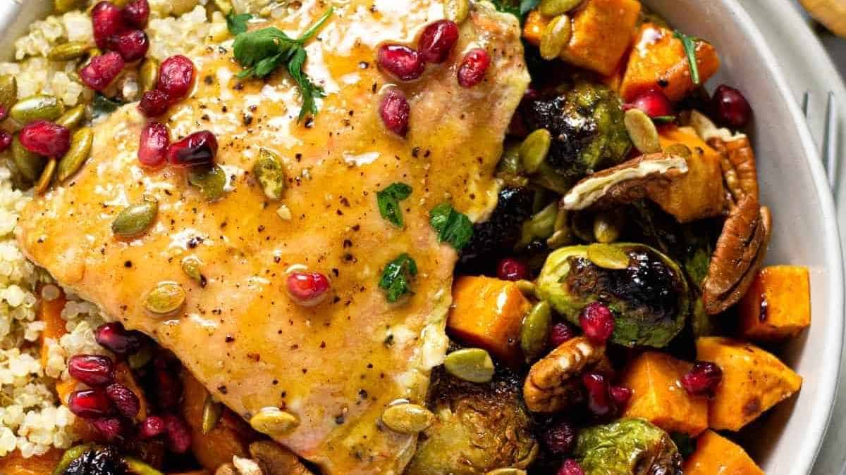 Salmon and brussels sprouts with pomegranate sauce.