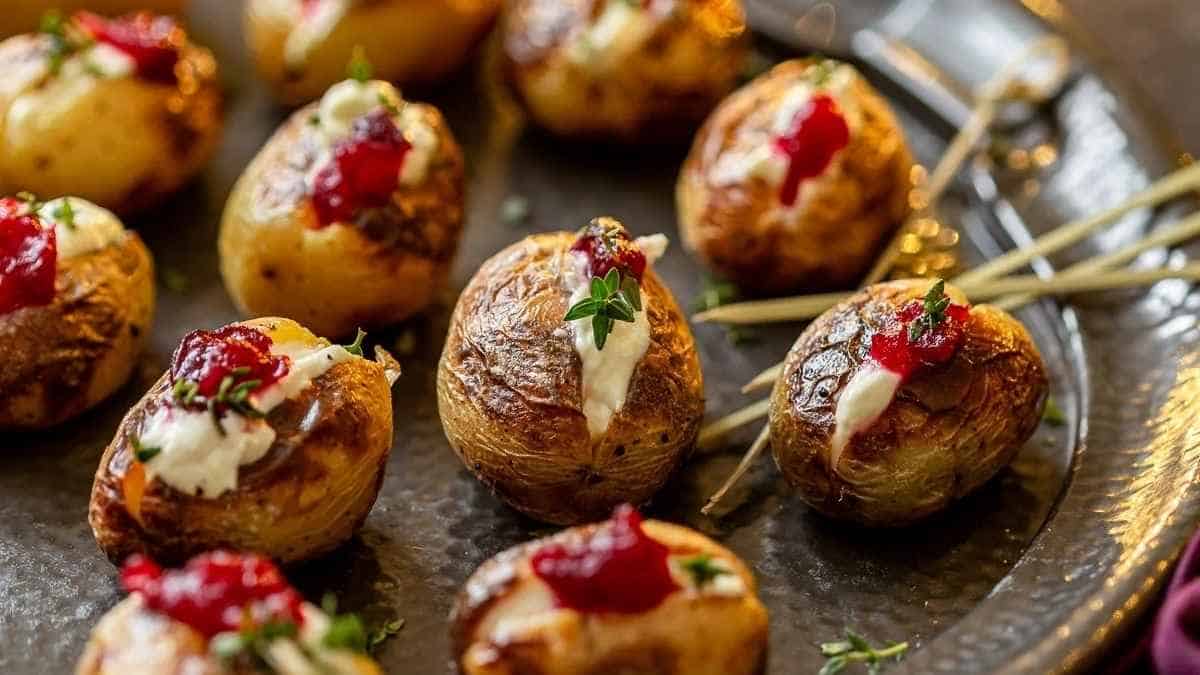 Stuffed potatoes with cranberry sauce on a plate.
