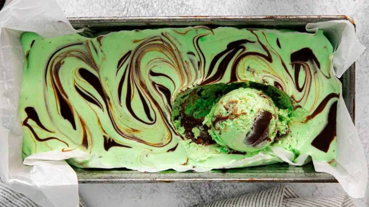 Mint chocolate ice cream in a pan.