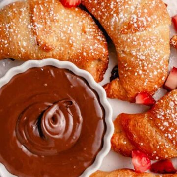 A plate of croissants and chocolate spread.