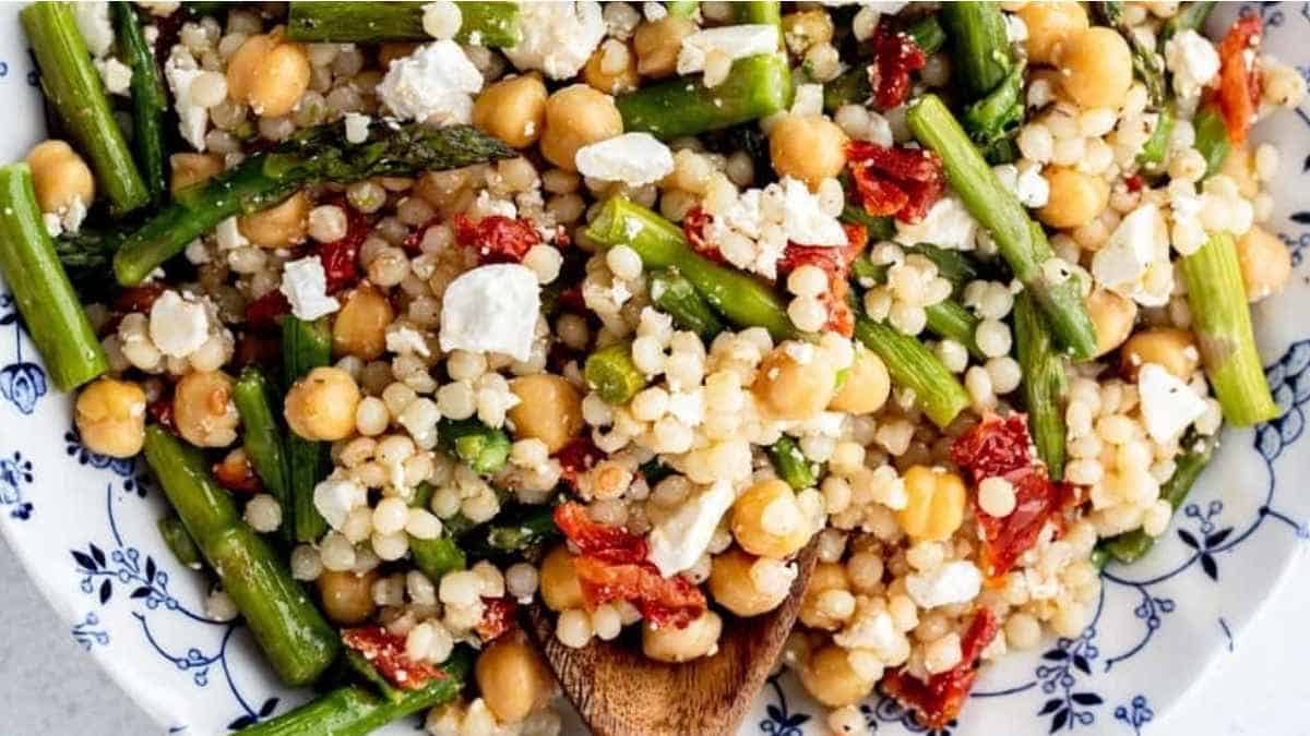 Pearl Couscous Salad with Roasted Asparagus and Chickpeas.