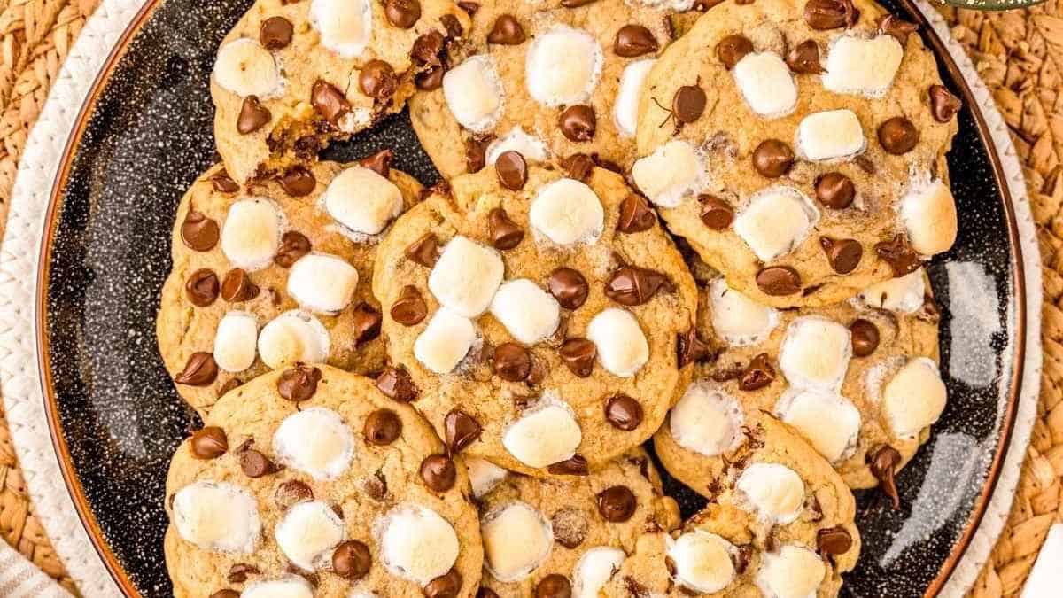 S'mores chocolate chip cookies on a plate.