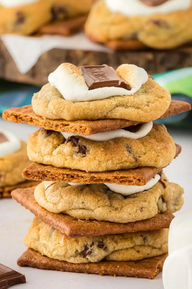 four stacked s'mores chocolate chip cookies,.
