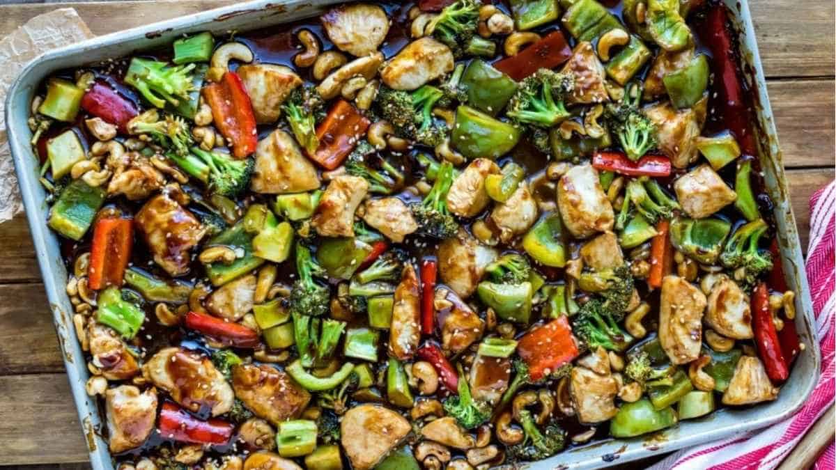 Chinese chicken stir fry in a baking dish.