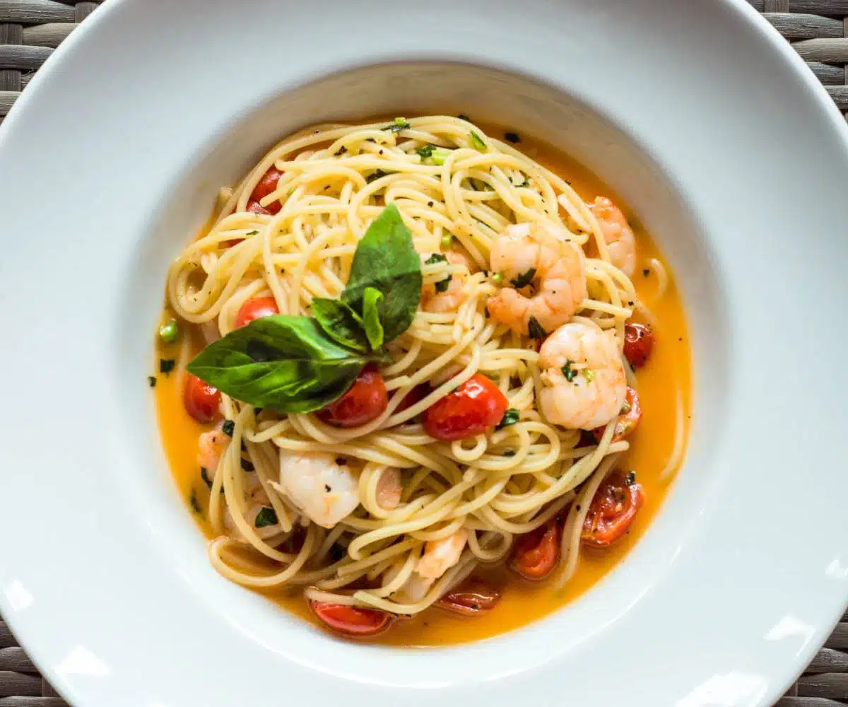 A plate of spaghetti with shrimp and tomatoes.