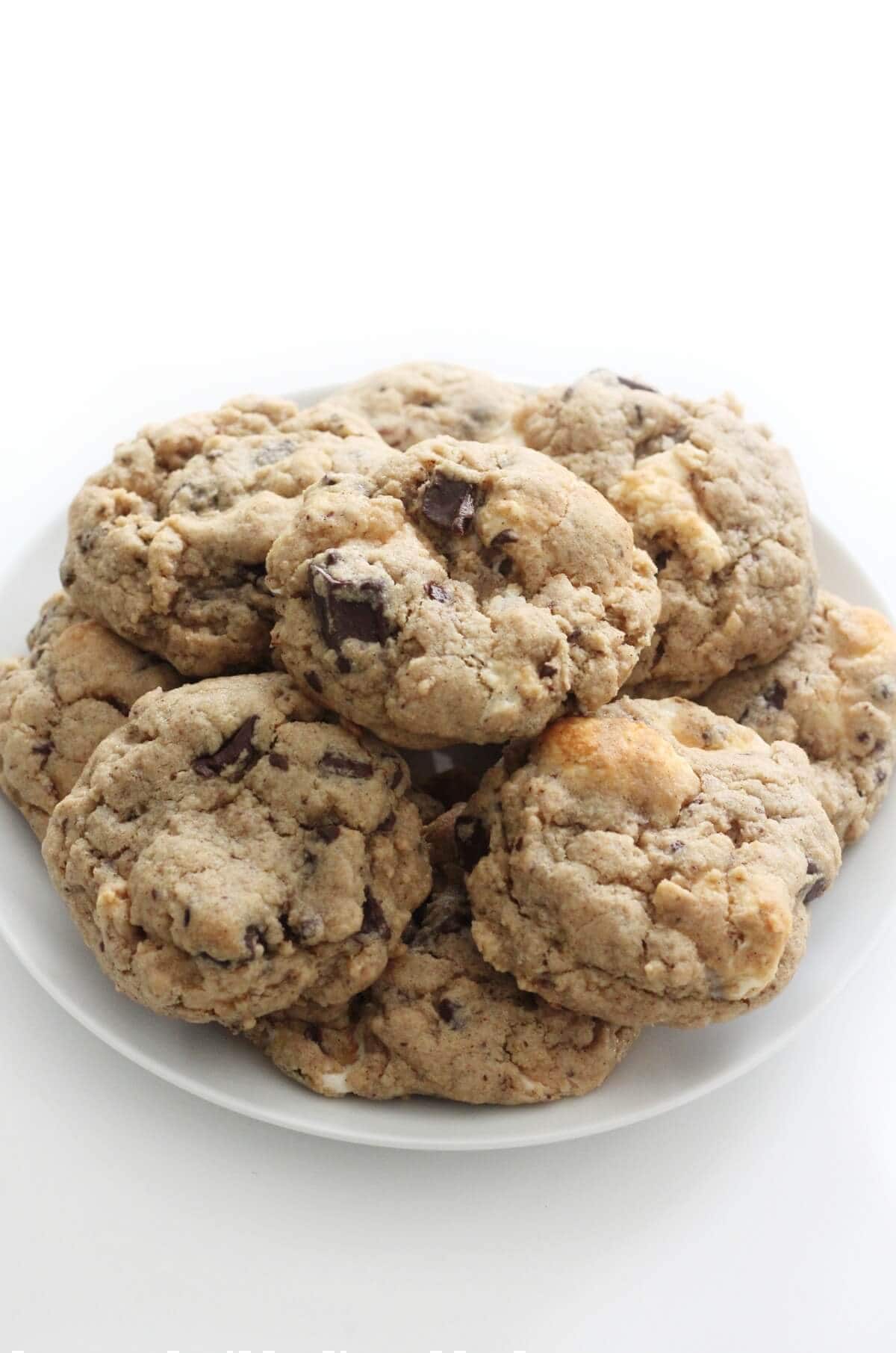 gluten-free and vegan s'mores cookies in a pile on plate.
