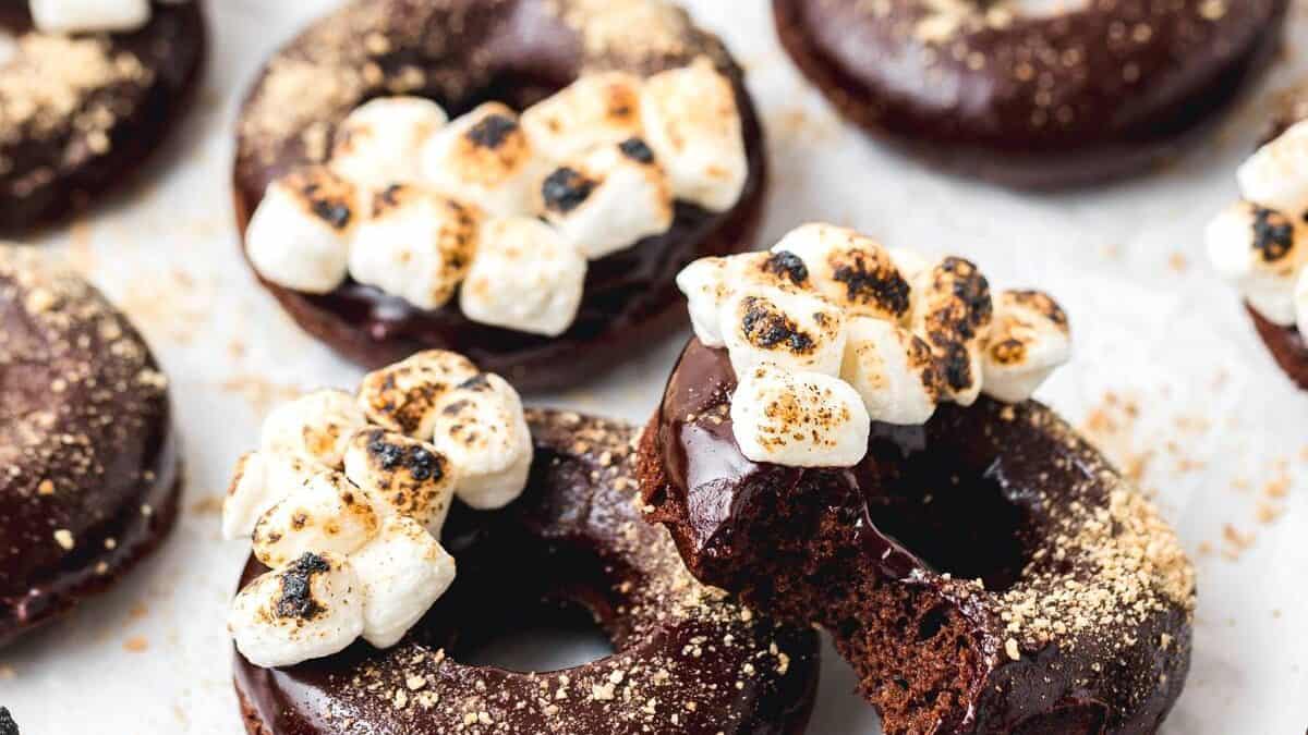 Chocolate s'mores donuts with marshmallows.