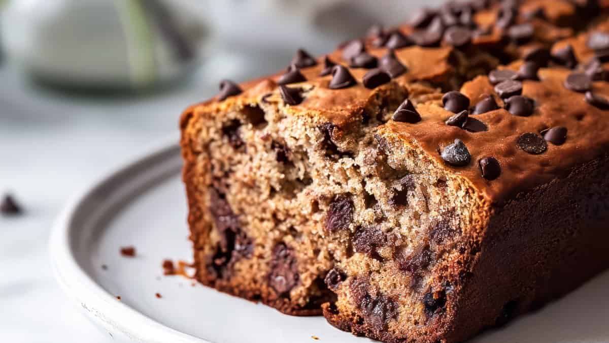 A slice of chocolate chip banana bread on a plate.