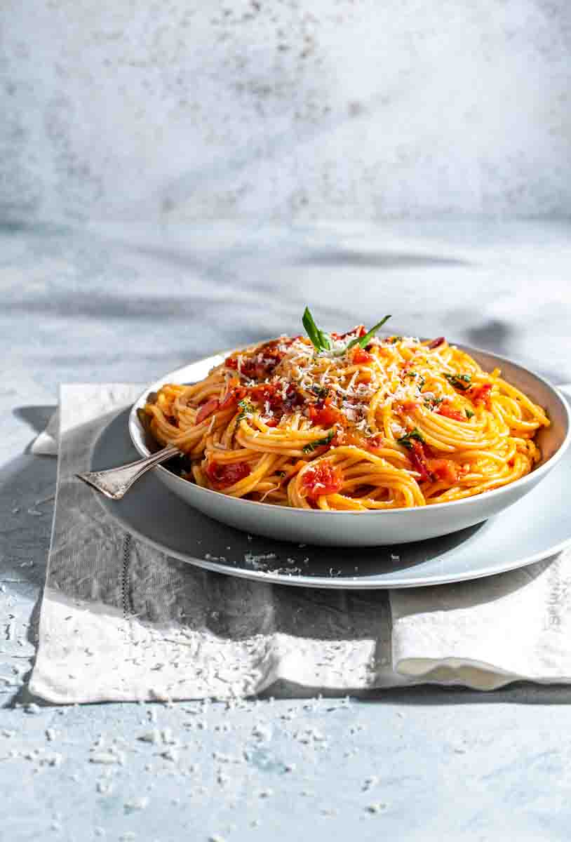 Spaghetti Arrabiata served in a pasta bowl. 

