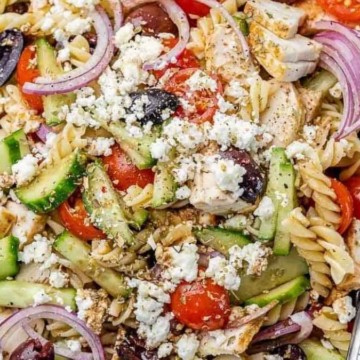 Tasty Greek Chicken Pasta Salad.