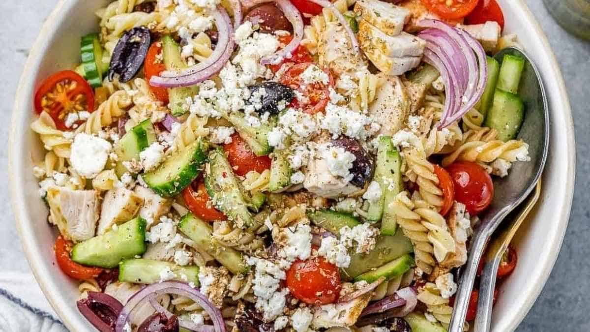 Tasty Greek Chicken Pasta Salad.