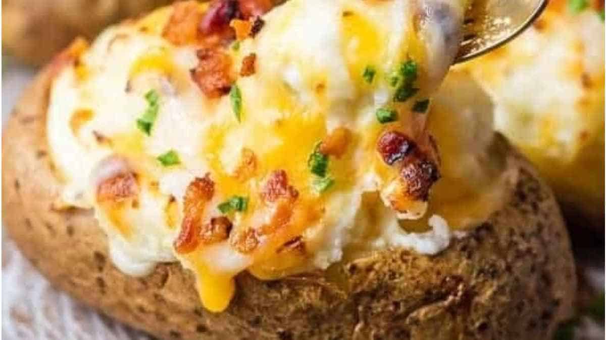 Cheesy baked potatoes with bacon and cheese.
