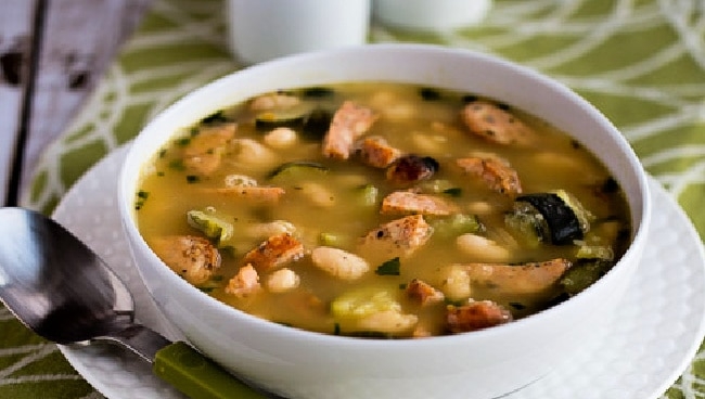 White Bean Soup with Italian Sausage, Zucchini, and Basil