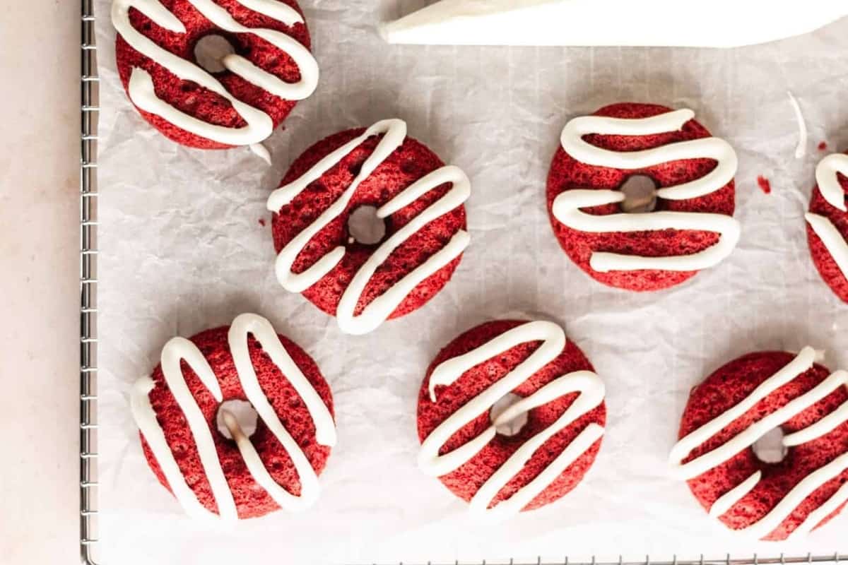 Baked Red Velvet Donuts.