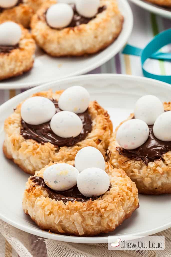 Unique Easter cookies with chocolate and marshmallows on a plate.