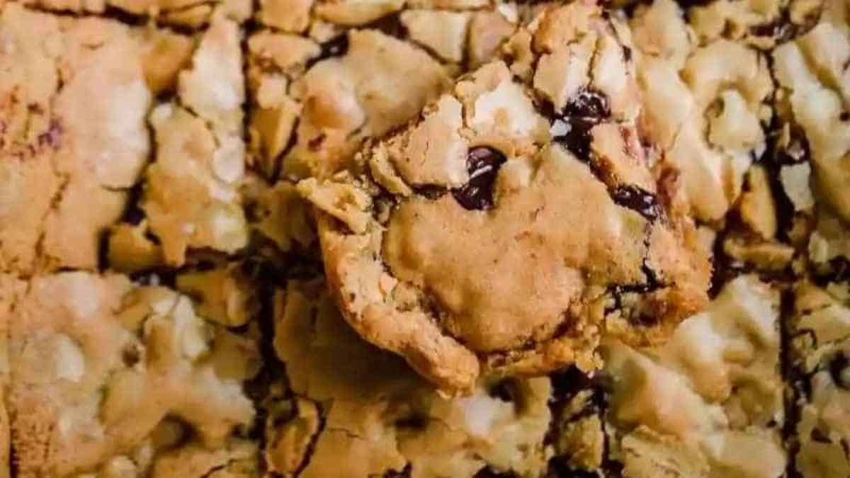 A close up of a chocolate chip cookie bar.