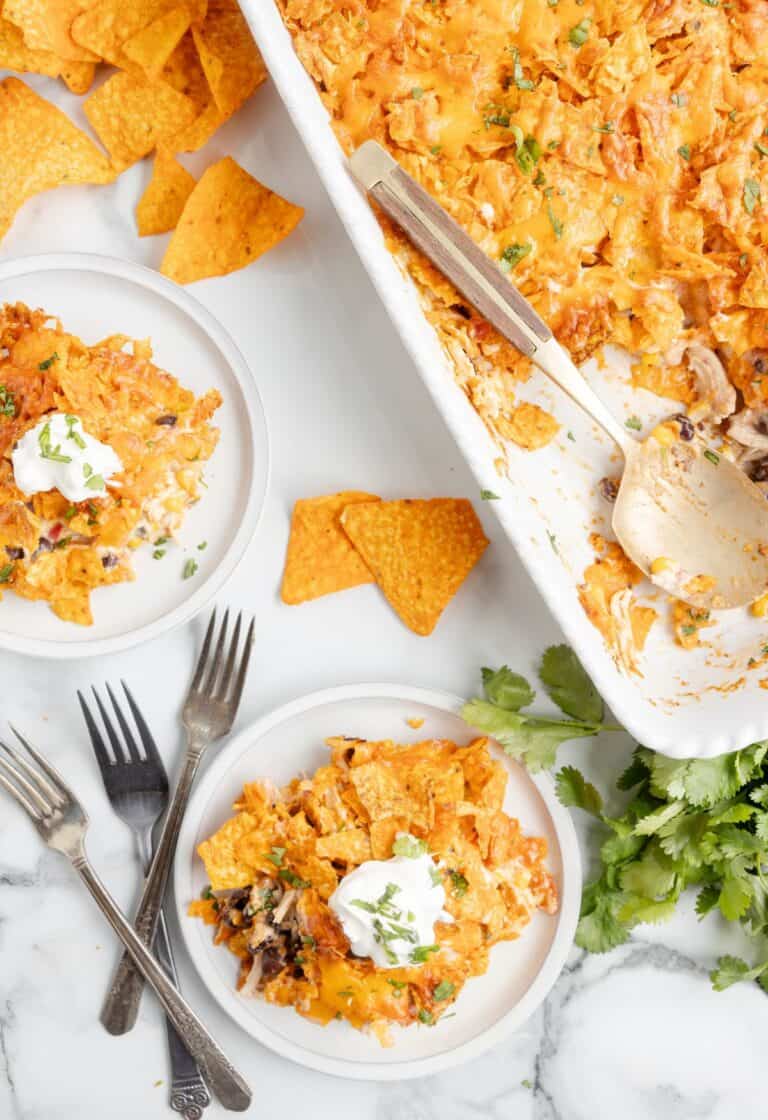 Overhead picture of the casserole and a serving plate. 
