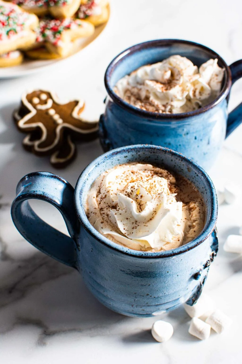 healthy hot chocolate with whipped cream in blue mugs.
