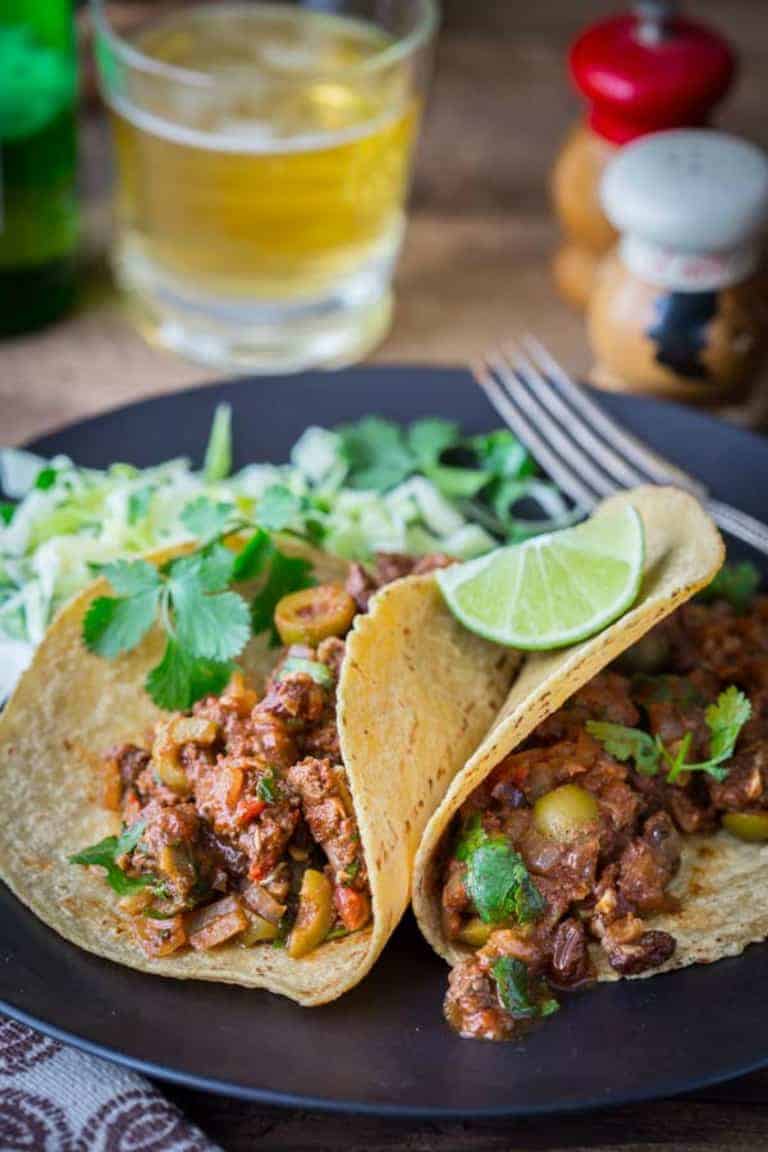 Picadillo with Olives and Raisins in corn tortillas.
