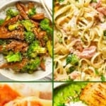 A collage of four dishes made with broccoli, including beef and broccoli stir fry, pasta with broccoli, stuffed shells, and a broccoli soup, under the title "100 Recipes with Broccoli.