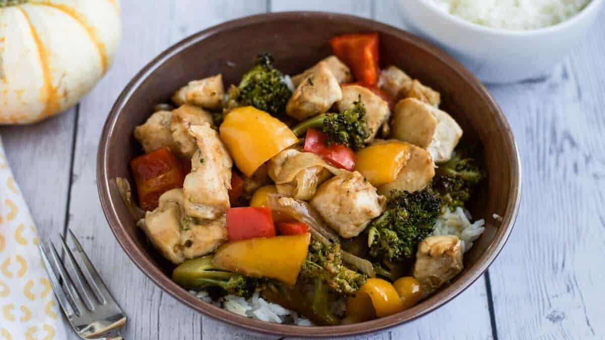 Sheet Pan Chicken Stir Fry in a bowl close up