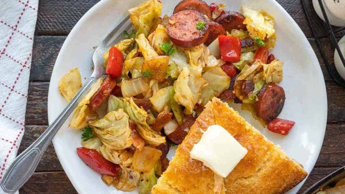 A plate with sausage, cornbread and cabbage on it.