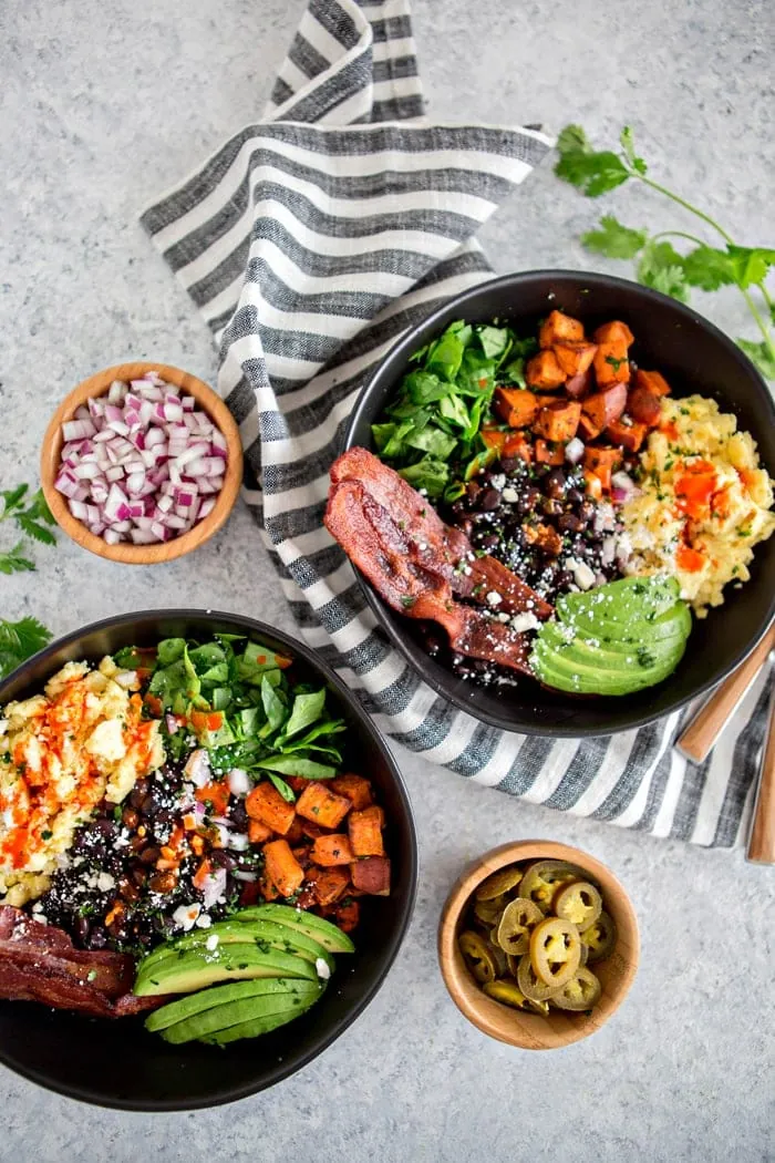 Southwest Protein Breakfast Bowls with Sweet Potato and Black Beans.
