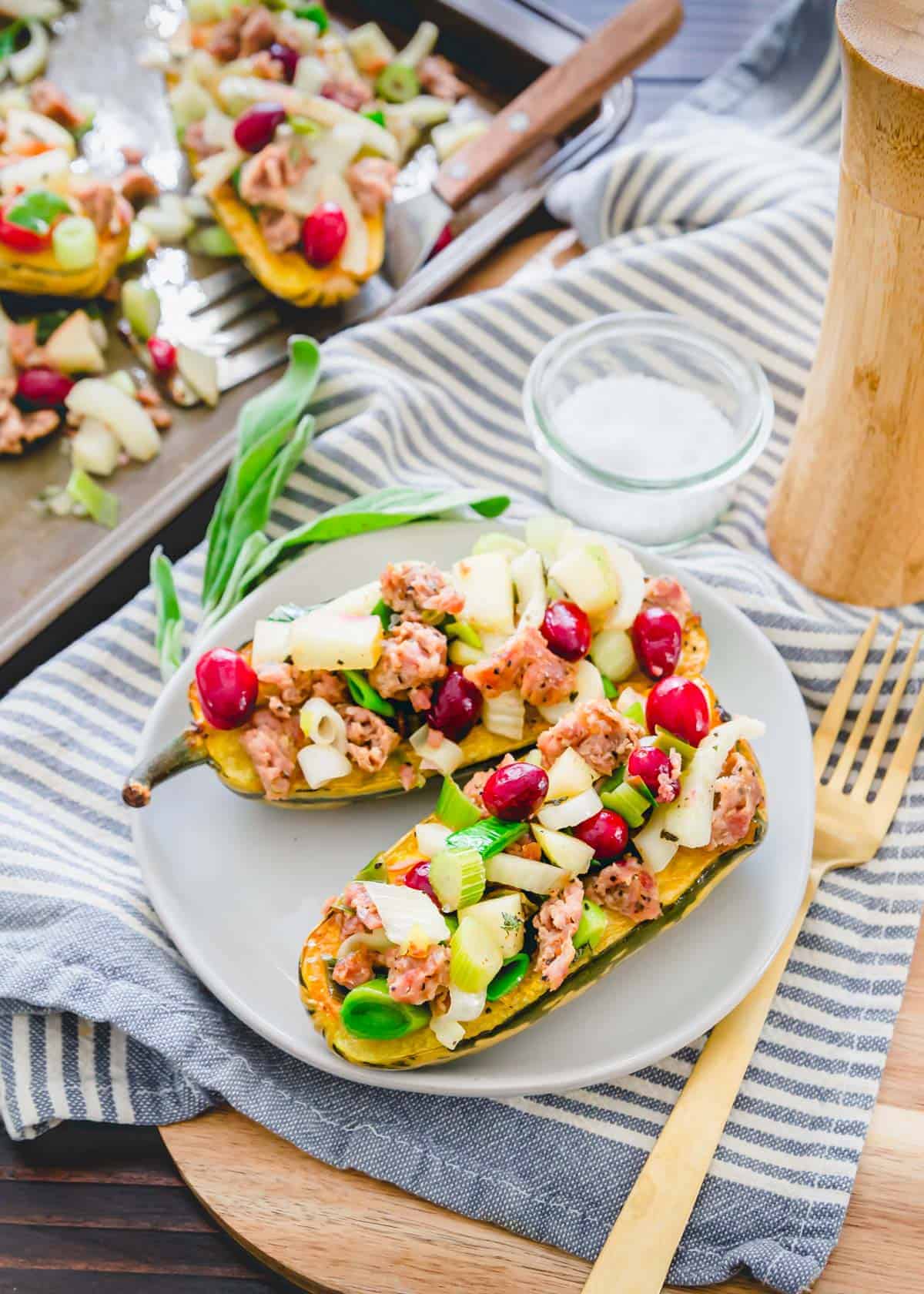 Stuffed squash boats with salmon and cranberries.
