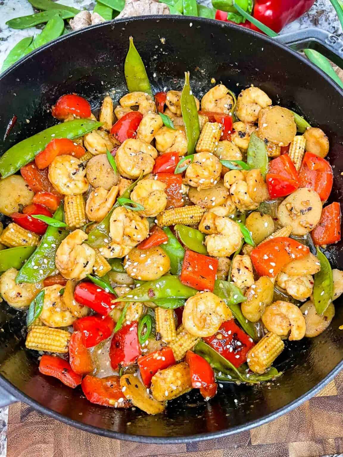 Sweet and Sour Shrimp Stir Fry in a large wok.
