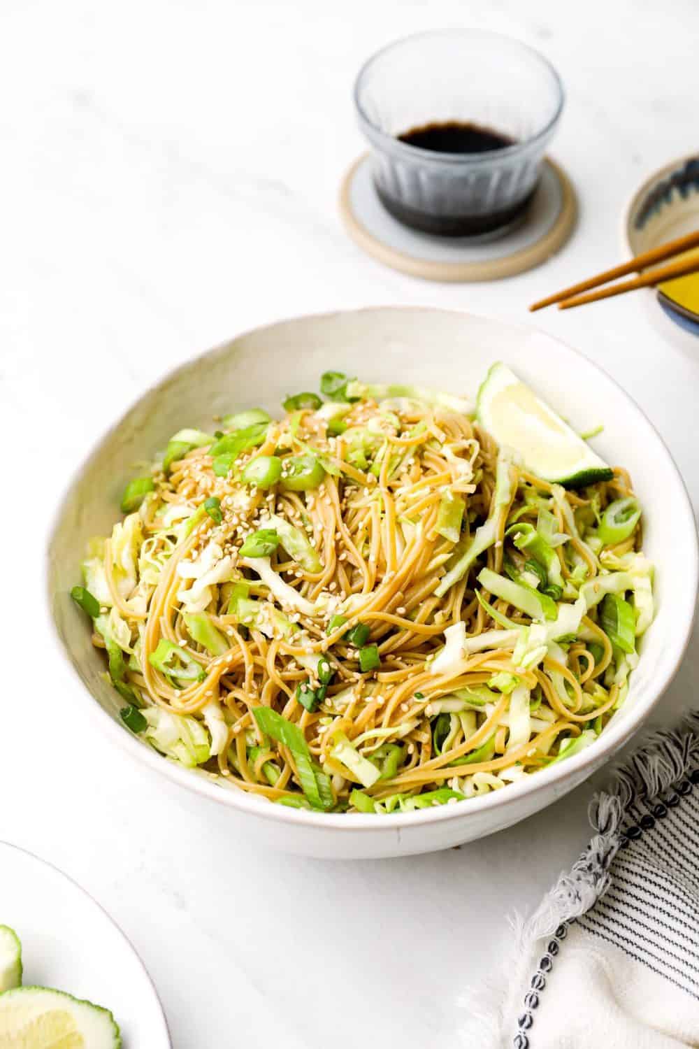 Sesame Cabbage Noodles with soy sauce and gluten free brown rice noodles. 
