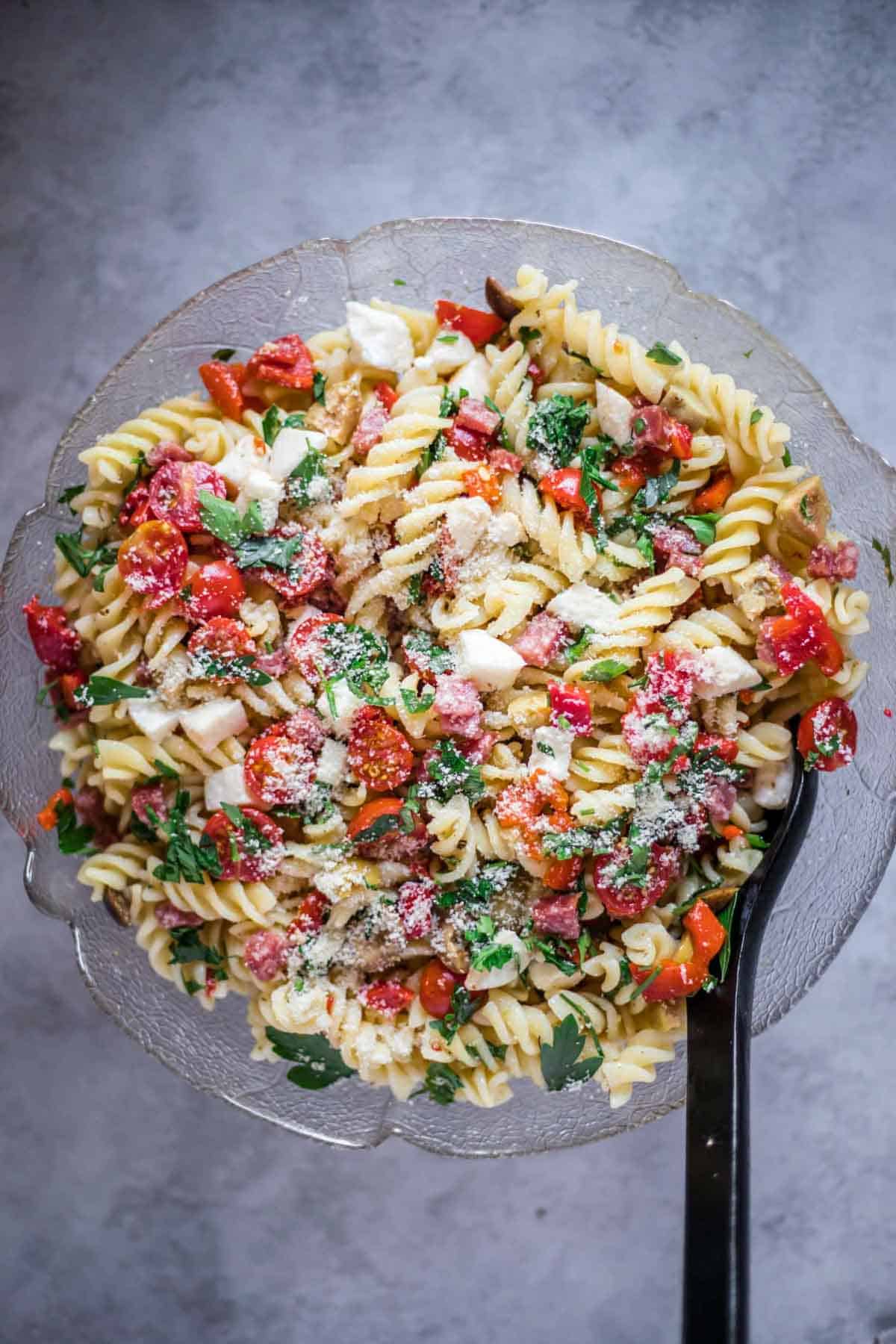 A bowl of gluten-free pasta salad.