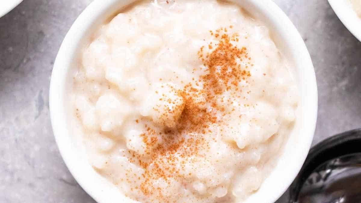 A bowl of creamy rice pudding sprinkled with cinnamon.