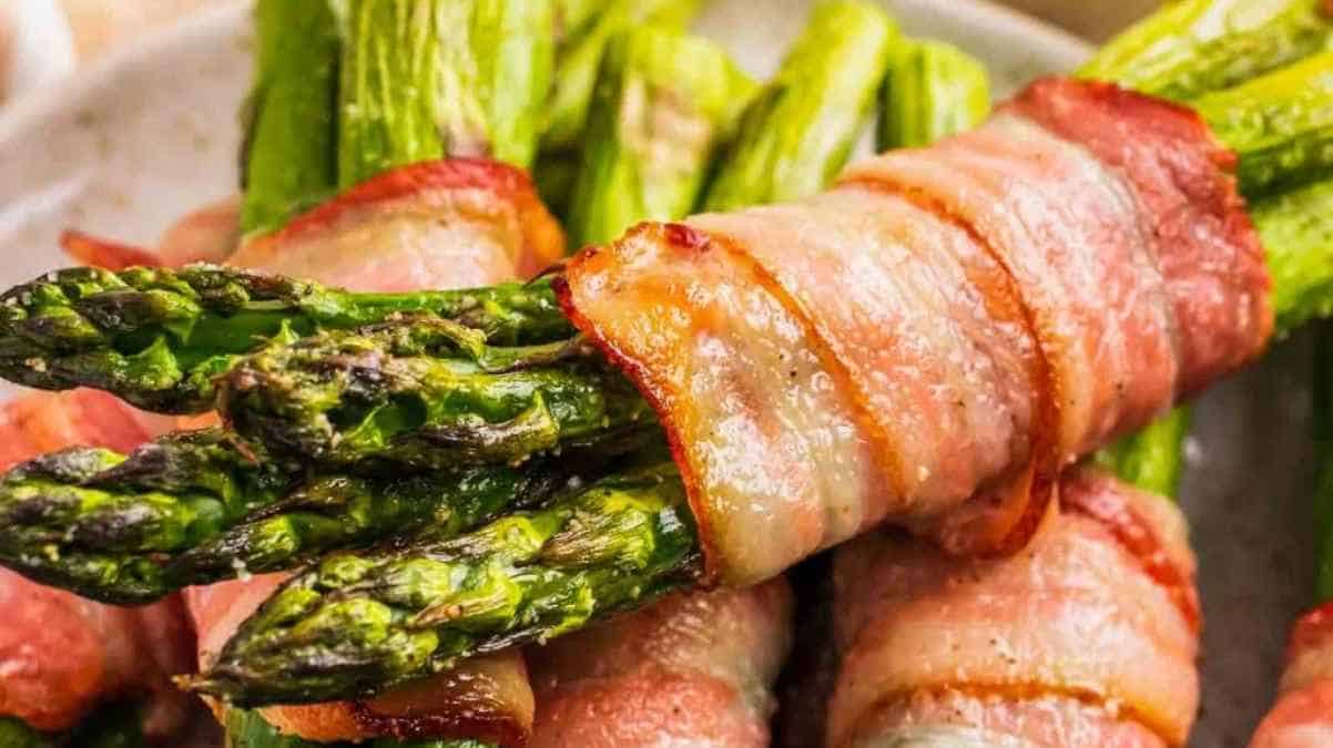 Asparagus spears wrapped in bacon.
