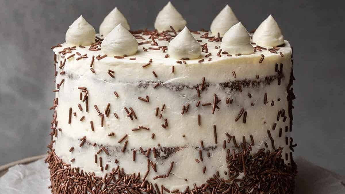 کیک اسفنجی لایه بندی شده با فراستینگ سفید و پاشیدن شکلات در طرفین.