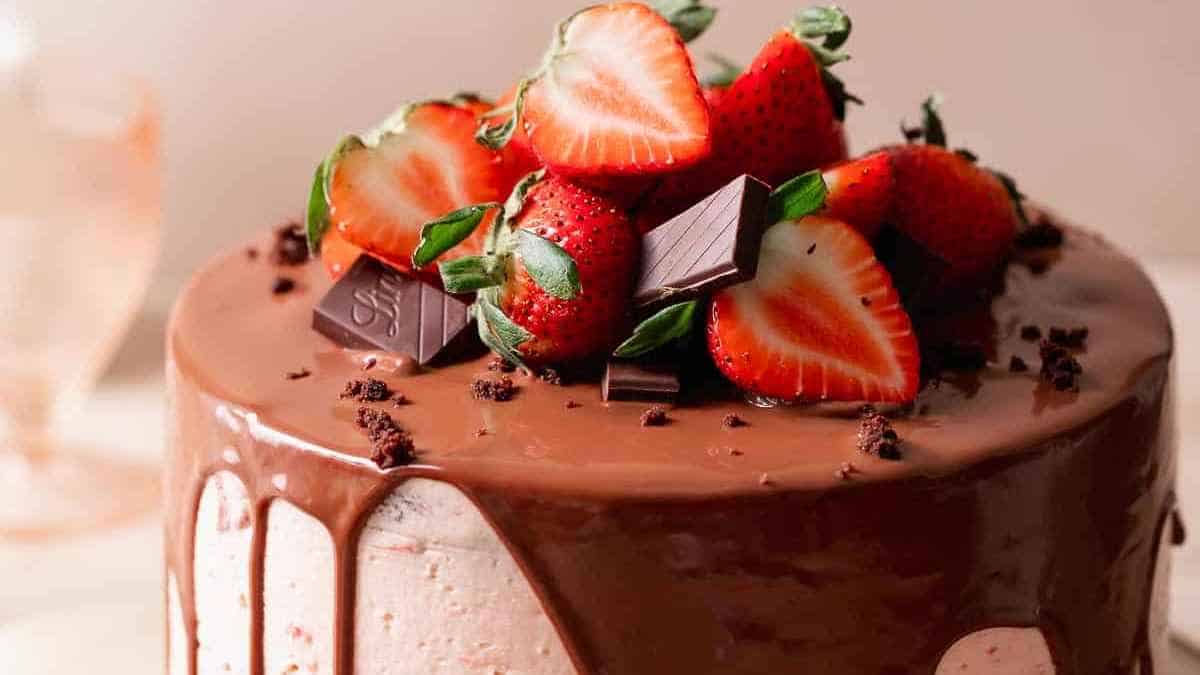 A chocolate cake garnished with fresh strawberries and a piece of chocolate on top.